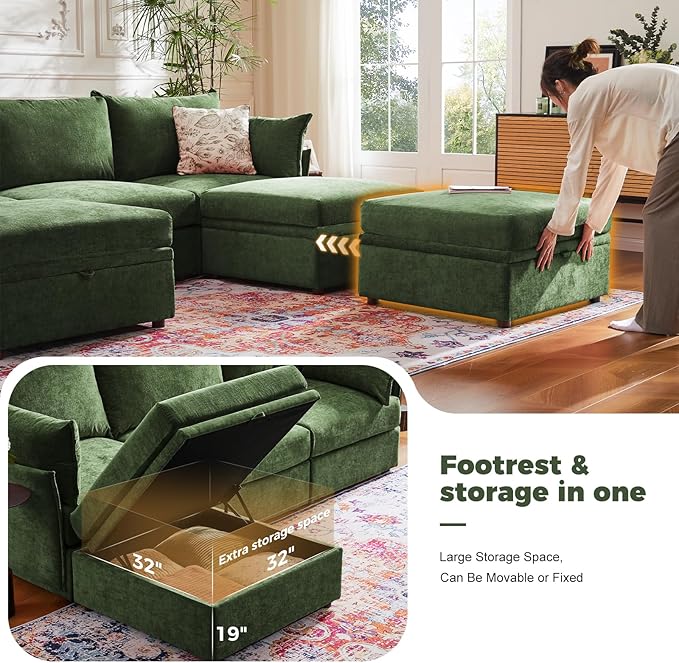 ABCASA 136.4" Oversized Modular Sectional Sleeper Sofa Bed, U Shaped Convertible Couch with Movable Ottoman, Large 8 Seat Corner Couches for Living Room Deep Seat Green Chenille