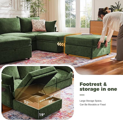 ABCASA 136.4" Oversized Modular Sectional Sleeper Sofa Bed, U Shaped Convertible Couch with Movable Ottoman, Large 8 Seat Corner Couches for Living Room Deep Seat Green Chenille