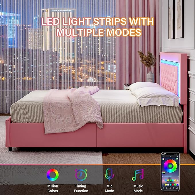 BarnFurin Twin Bed Frame with LED Lights and Storage Drawers, Upholstered Platform Bed with Diamond Headboard, Faux Leather Princess Platform Bed, No Box Spring Needed, Easy Assembly, Pink