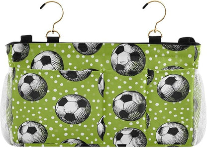 Bedside Caddy Hanging Bunk Bed Caddy Bed Organizer Hanging Pocket with 2 Hooks Bedside Storage Organizer Pocket Bag Holder Deep Green Soccer Balls Dots
