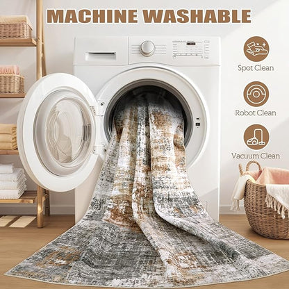 Washable Runner Rug for Hallway: 2.6x14 Neutral Modern Abstract Low Pile Area Rug with Non-Slip Backing - Carpet for Bedroom Kitchen Laundry Entryway Bathroom Indoor - Grey Brown