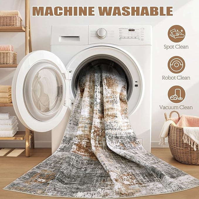 Washable Runner Rug for Hallway: 2x6 Neutral Modern Abstract Low Pile Area Rug with Non-Slip Backing - Carpet for Bedroom Kitchen Laundry Entryway Bathroom Indoor - Grey Brown