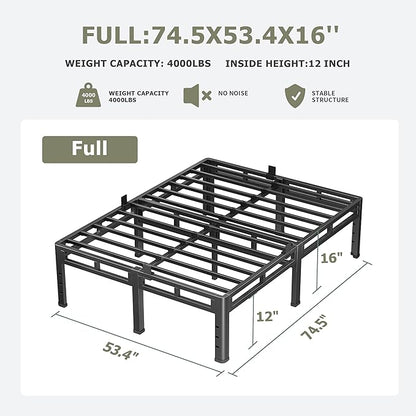 NKZ Full Size Bed Frame 16 Inch, Metal Bed Frame & Box Spring 2 in 1 Platform with Round Corner Legs, 4000lbs Weight Capacity Reinforced Metal Frame, Headboard Hole, Noise-Free, Easy Assembly