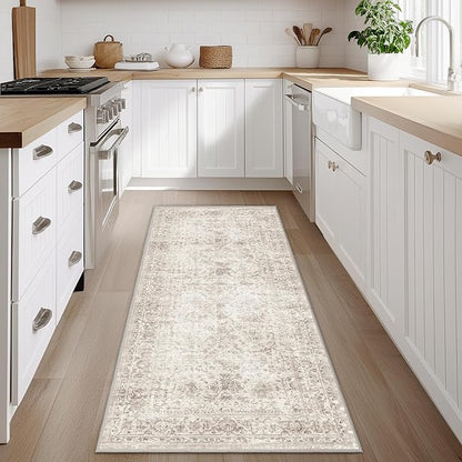 Fmfunctex 2x8 Runner Rug Beige Washable Vintage Neutral Distressed Non Slip Low Pile Indoor Carpet Soft Retro Floral Hallway Entryway Rug for Kitchen Living Room Bedroom Bathroom Laundry Entry Bedside