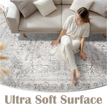 jinchan Lima 8x10 Area Rug for Living Room Washable Soft Rug Ultra-Thin Stain Resistant Non-Slip Distressed Vintage Floral Large Carpet for Bedroom Dining Room Home Office Nursery (8x10ft, Taupe)