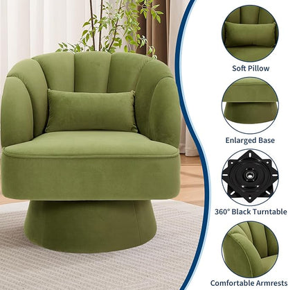 GarveeHome Modern Swivel Barrel Accent Chair, 360 Degree Velvet Upholstered Armchair with Striped Backrest & Plush Padding, Comfy Round Lounge Chair for Living Room, Bedroom, Reading Nook, Green 2 PCS