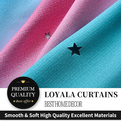 Star Blackout Curtains for Bedroom - Cute Kids Rainbow Curtains, 72 Inch Long 2 Panels, Beige, Blue & Pink