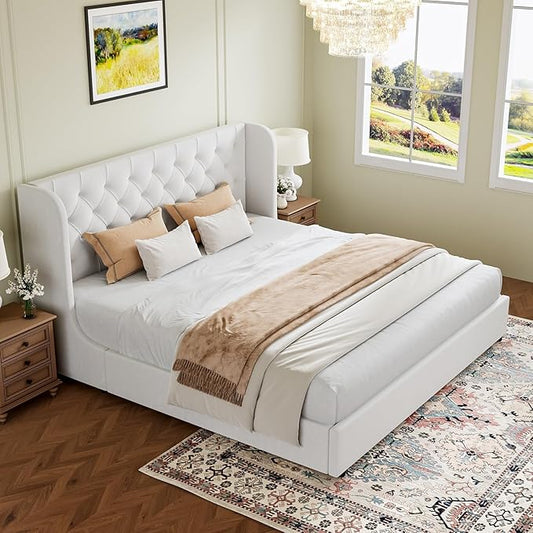 HOMBCK White King Bed Frame, Velvet Upholstered Platform Bed Frame with Headboard, Curved Wingback Design, Wooden Slats, No Box Spring, Noise Free, Easy Assembly