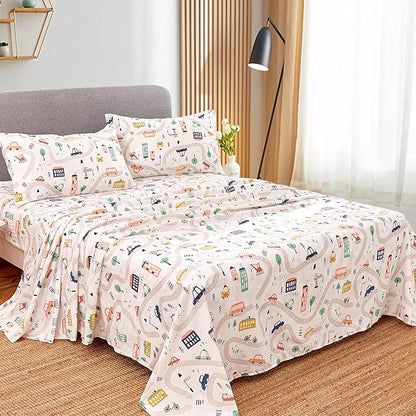 JSD Car Kids Printed Sheet Set Full Size, 4 Piece Soft Microfiber Bed Sheets Deep Pocket