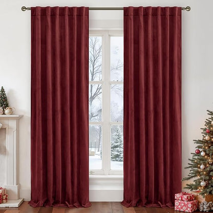 LAMIT Burgundy Red Velvet Curtains 108 Inch for Living Room, Vintage Thermal Insulated Theater Panels Room Darkening Back Tab and Rod Pocket Christmas Drapes for Bedroom, 2 Panels, 52 x 108 Inch