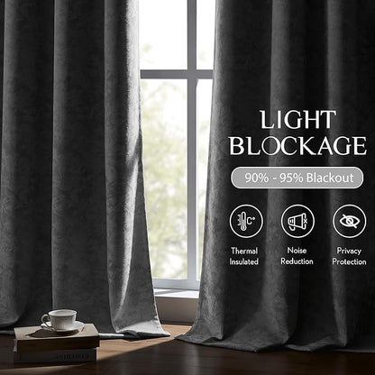 Beauoop Grey Floral Jacquard Blackout Curtains 84 Inches Long 2 Panels for Bedroom Living Room Gray Flower Chenille Room Darkening Thermal Insulated Soundproof Grommet Window Treatments Drapes, 52x84