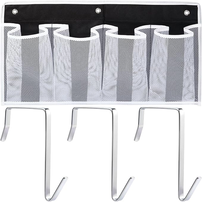 Bed Hanging Shoe Organizers with 3pcs Hooks, 4 Mesh Pocket Bedside Hanging Shoes Holder, Behind Door Storage Pockets for RV Dorm Entryway Bedroom Closet
