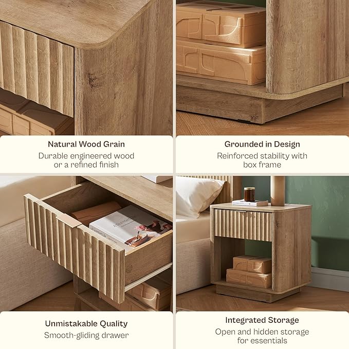 mopio Brooklyn Fluted Nightstand, Modern Farmhouse Nightstand, Small Side, Wood Bedside Table with Drawer, End Table with Storage, Fluted Night Stand, Curved Profile (Golden Oak, Set of 2) | Bedside Table, Drawer, End Table, Storage, Fluted Panel, Curv...