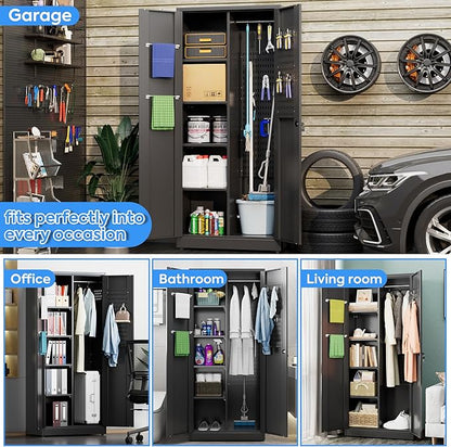 31.53 in Wide Garage Storage Cabinet, Metal Storage Cabinet with Pegboards and 4 Adjustable Shelves, Garage Storage System with Lockable Door for Offices, Gyms and Pantries, Black