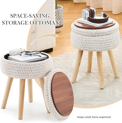 LGENHOOM Round Foot Stool Ottoman with Storage Footrest with Wood Legs Cotton Knitted Vanity Stool Tray Top Coffee Table Multifunctional Upholstered Footstool for Living Room Bedroom White