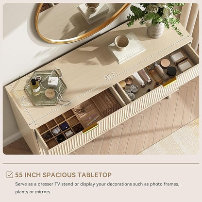 CARPETNAL Fluted 8 Drawer Dresser for Bedroom, 55" Wide Wooden Chest of Drawers with Rounded Corners, Gold Handles, Modern Storage Organizer for Bedroom, Hallway(Beige)