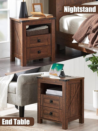 T4TREAM Farmhouse Nightstand Set of 2 with Charging Station, Rustic End Table with 2 Drawers, Storage Open Shelf for Bedroom, Living Room, Wood Side Table, Reclaimed Barnwood