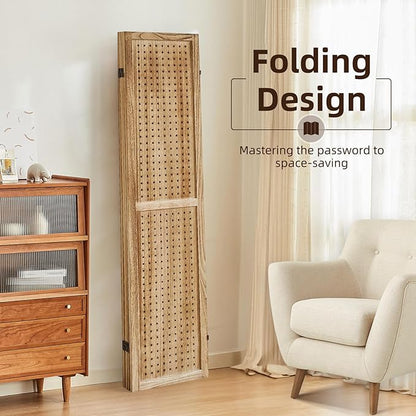 4 Panel Pegboard Display with 16 Hooks, Wooden Room Divider Wall and Folding Privacy Screens, Partition Room dividers, Pegboard Room Divider, Jewelry Store, Bedroom, Balcony, Light Brown