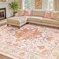 Area Rugs 8'x10' Washable Non-Slip, Floral Vintage Distress Print Pattern Medallion Carpet for Living Room Bedroom Dining Room, Light Pink Colorful