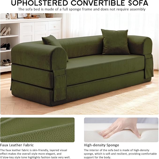 78.5" Convertible Sleeper Sofa Bed, Faux Leather Deep Seat Folding Floor Sofa with Pullout Bed & 2 Pillows, No Assembly Modern Boneless Couch Compression Sofa in Box for Living Room, Office, Green
