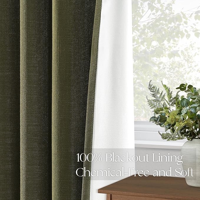 Topfinel 72 Inch Green Linen Blackout Curtains, Pinched Pleated Insulating Noise Reducing Sun Blocking Dark Out Short Boho Cute Short Drapes for Kids Nursery Bedroom 2 Panels, Olive Green Forest Green