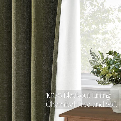 Topfinel 72 Inch Green Linen Blackout Curtains, Pinched Pleated Insulating Noise Reducing Sun Blocking Dark Out Short Boho Cute Short Drapes for Kids Nursery Bedroom 2 Panels, Olive Green Forest Green