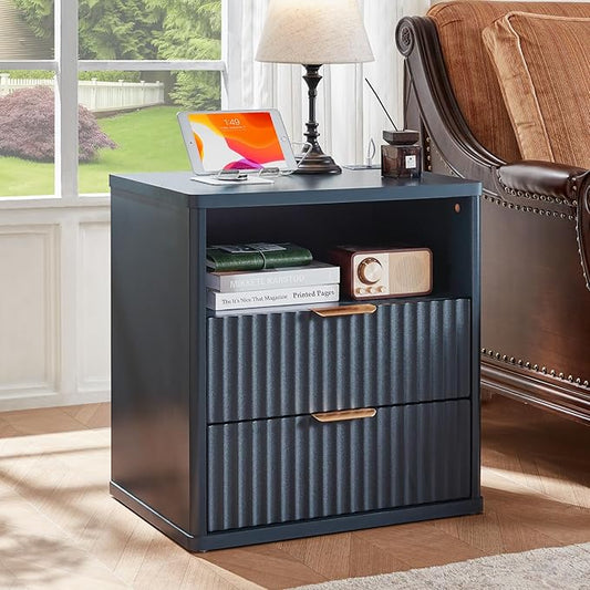 LEYAOYAO Fluted Nightstand with Charging Station, 23" Modern Night Stand with Woodgrain Top, 2 Drawers End Table w/Storage, Bedside Tables for Bedroom, Living Room, Curved Profile Design, Blue