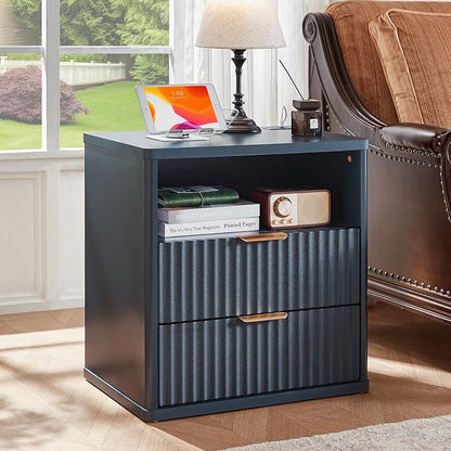 LEYAOYAO 48" Wide Fluted Dresser and 23" Nightstand Set of 2, Wooden Dresser & Night Stand with Charging Station, 3 Piece Bedroom Furniture Set, Chest of Drawer for Living Room,Blue