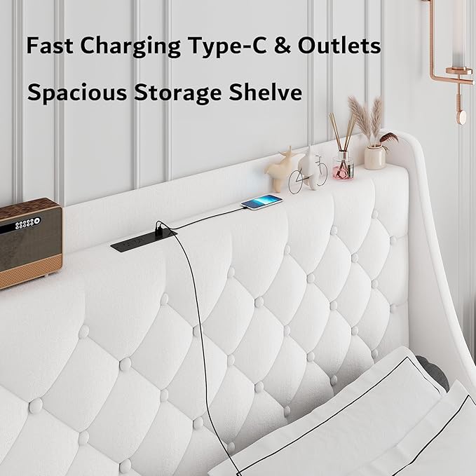 iPormis Queen Bed Frame with 4 Storage Drawers, Upholstered Platform Bed Frame with Type-C & USB Ports, Wingback Storage Headboard, Solid Wood Slats, No Box Spring Needed, White