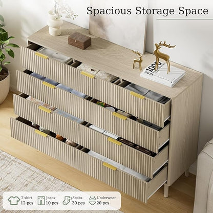 LYNSOM Fluted 9 Drawer Dresser for Bedroom, 55" Wide Modern Chest of Drawers with Curved Profile Design and Metal Handles, Wood Dresser TV Stand & Storage Organizer for Bedroom, Hallway, Beige