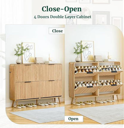 47" Fluted Large Shoe Cabinet with 4 Flip Drawers, Slim Freestanding Shoe Cabinet Organizer, Narrow Shoes Storage Rack for Entryway, 5 Sturdy Legs (All Natural, 9.45" D x 47.24" W x 35.83" H)