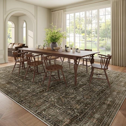 Washable 9x12 Area Rugs for Living Room, Boho Non-Slip Vintage Distress Lager Rugs for Bedroom Dining Room Nursery Office, 0.3" Neutral Oriental Throw Thin Carpet, Rust/Multi