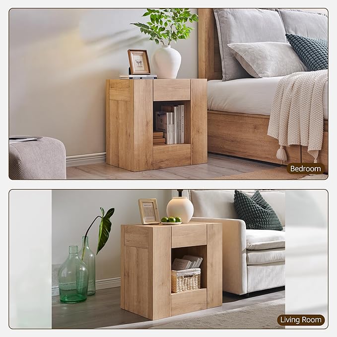 OKD 24'' Modern Nightstands Set of 2, Large Wooden End Table with Charging Station & Drawer & Storage Shelf, Rustic Square Bedside Table for Bedroom, Living Room, Wood Thick Design,Natural Oak