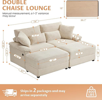 74" Double Chaise Lounge Chair Indoor, Oversized Loveseat with Removeable Ottoman, Corduroy Couch with USB Charging, Storage Ottoman, and Coffee Table Cushions for Living Room (2 Chaise Beige)