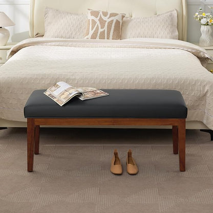 43.5'' Faux Leather Bedroom Bench, Upholstered End of Bed Bench, Padded Vintage Dining Bench, Entryway Bench with Solid Wood Legs, Kitchen, Living Room, Hallway, Black