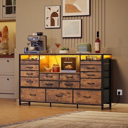 WLIVE TV Stand for 55, 60, 65 inch TV, Entertainment Center with LED Lights & Charging Station, TV Media Console Table with 15 Fabric Drawers and Open Shelves for Living Room, Hallway, Rustic Brown