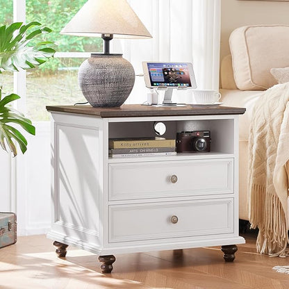 24" Wide Farmhouse Nightstand Set of 2 with Charging Station,End Table with 2 Drawers,Dresser for Bedroom Cabinet, Bed Side Table Chest of Drawers, Wood Night Stand for Living Room, Closet,White