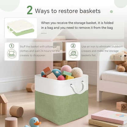 Fabric Cubes Storage Basket, 6 Pack 11x11 in with Handles Cube Storage Bins, for Shelves, Home, Office Organizers (White/ Green)