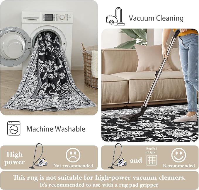 Machine Washable Area Rugs, Vintage Soft Rugs for Living Room Non Slip Large Area Rug 6x9 Carpet for Bedroom Under Bed/Dining Table Home Office | Black White