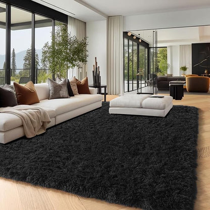 PAGISOFE Fluffy Shaggy Black Area Rug 8x10 Feet, Plush Rugs for Living Room Bedroom, Soft Rug for Nursery, Furry Rugs for Girls Boys Kids Room, Extra Large Fuzzy Rug, Shag Carpet, Black