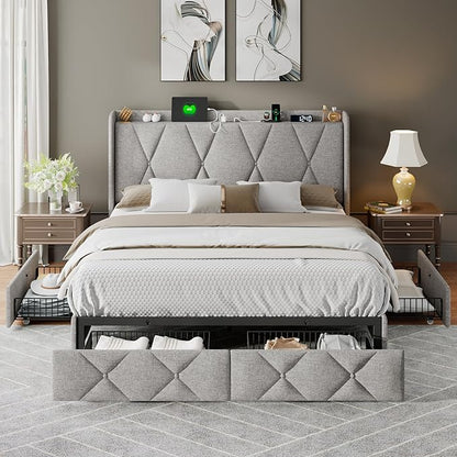 Feonase Full Bed Frame with 4 Storage Drawers, Upholstered Button Tufted Storage Headboard with Fast Charging Station, Heavy Duty Slats Support, No Box Spring Needed, Noise-Free, Light Grey