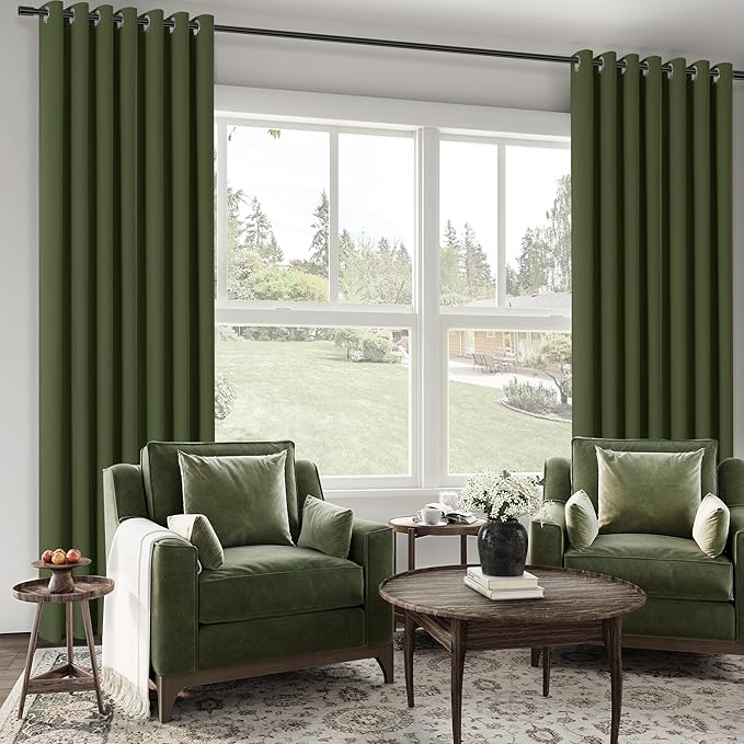 ChrisDowa 100% Blackout Olive Green Solid Curtains 108 Inches Long 2 Panels for Bedroom Living Room,Farmhouse Room Darkening Thermal Insulated Soundproof Grommet Top Window Treatment Drapes,52x108