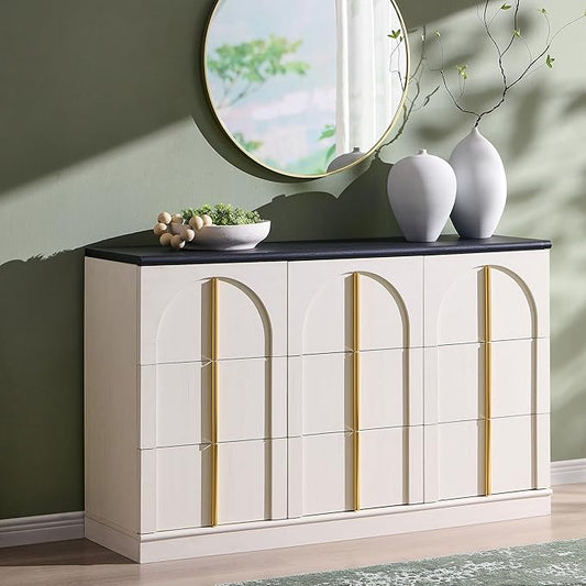 ACCOHOHO Arched Dresser for Bedroom with 9 Drawers, 52" Wide Modern Chest of Drawers with Rounded Edge & Metal Handles, Wood Storage Closet Dressers TV Stand for Living Room, Hallway, White