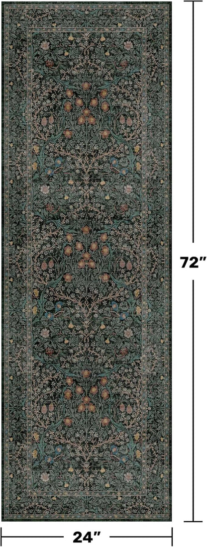 8ft Long Runners for Hallways Non Slip, 2'6" x 8' Floor Runner for Kitchen, Entryway Indoor, Washable Rubber Backing Stain Resistant - Vintage Floral Dark Green & Black Wide Décor
