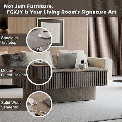 Lift Coffee Table with Storage & Adjustable Height, Rectangle Solid Wood Coffee Table Fluted Center Table Accent Tea Table or Living Room, Apartment, Office (38.6" Grey)