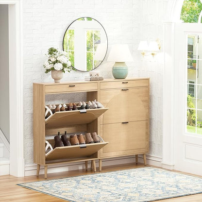 Yechen Shoe Storage Cabinet with 2 Flip Drawers& 1 Small Drawer, Slim Entryway Shoe Organizer with Fluted Wavy Doors for Hallway,Natural Oak
