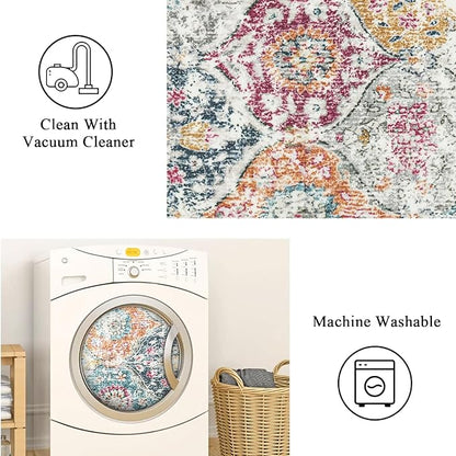 Lahome Moroccan Trellis Washable Small Area Rug, 3x5 Black Rug for Bedroom Living Room, Non-Slip Oriental Accent Throw Carpet for Kitchen Office Entryway Bathroom Office, Aqua/Multi