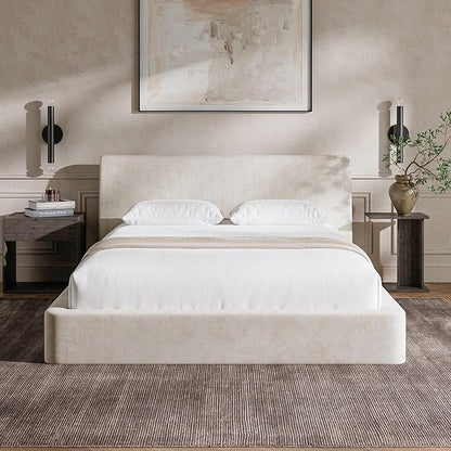 RECCI Cloud Queen Bed Frame with Ergonomic Angled Foam Cushioned Headboard, Minimalist Design Platform Bed Frame, No Box Spring Needed, Easy Assembly (Beige)