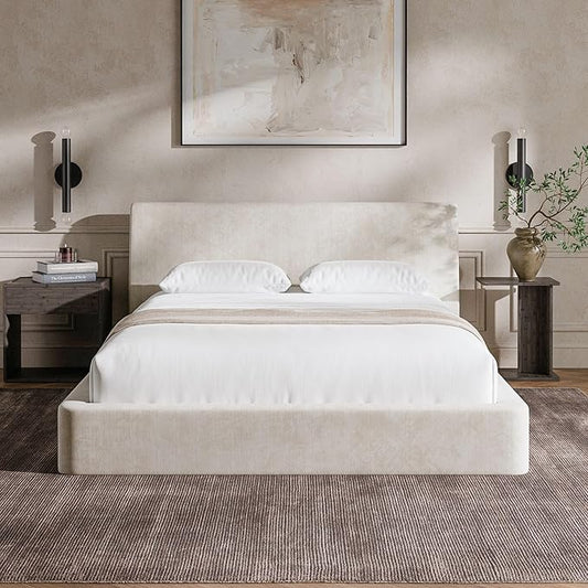 RECCI Cloud Queen Bed Frame with Ergonomic Angled Foam Cushioned Headboard, Minimalist Design Platform Bed Frame, No Box Spring Needed, Easy Assembly (Beige)