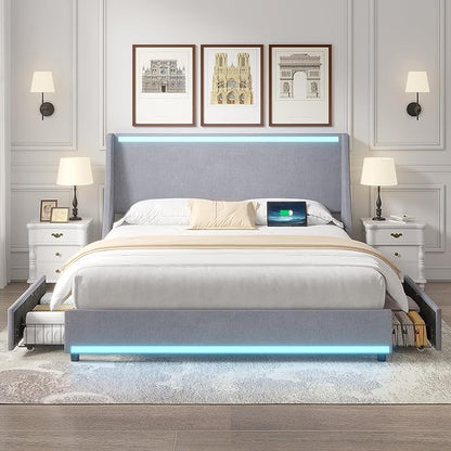 VECELO Queen Size Bed Frame with Storage Drawers, Upholstered Platform Bedframe with Wingback Headboard, No Box Spring Needed, Classic Grey